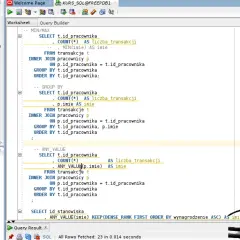 Fragment kodu SQL, który wyjaśnia zapytania do bazy danych, z widocznym interfejsem programu do zarządzania bazami danych.