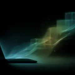 Laptop emituje falę danych, tworząc schody z sześciennych bloków. To wizualizacja CRUD app.