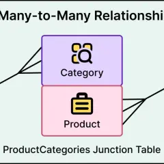 Diagram relacji wiele-do-wielu w bazach danych SQL. Tabela ProductCategories łączy produkty z kategoriami.