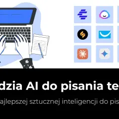 Ręce piszą na laptopie, obok notatnik. W tle ikony aplikacji, sugerujące narzędzia AI do pisania tekstów.