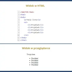 Kod HTML tworzący listę punktowaną. Pokazuje, jak zrobić listę w HTML, która potem wyświetla się w przeglądarce.