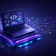 Laptop z kodem na ekranie, na tle cyfrowych obwodów. Symbolizuje backend as a service, ułatwiający tworzenie aplikacji.