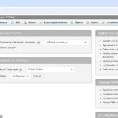 Interfejs phpMyAdmin, pokazujący ustawienia ogólne i serwera. Widzimy tu m.in. wersję serwera MariaDB i Apache.