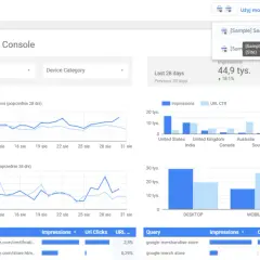 Raport Google Search Console z wykresami i danymi. To świetny materiał do google data studio tutorial.