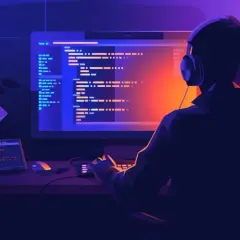 Programista w słuchawkach tworzy kod w **bun js** przy neonowym blasku monitora.