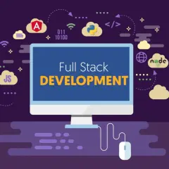 Grafika ilustruje, czym jest full stack developer, pokazując ikony technologii jak JS, Python, Node.js i Angular.