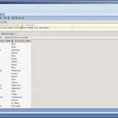Widok Oracle SQL Developer z zapytaniem SQL pobierającym nazwiska pracowników.