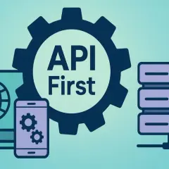 Grafika przedstawia koncepcję API First: laptop z globusem, smartfon z ikonami ustawień i serwerownię, wszystko połączone z centralną zębatką z napisem "API First".