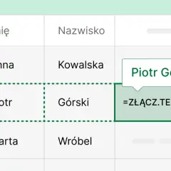 Wiersz w Excelu z imieniem i nazwiskiem "Piotr Górski". Formuła łączy dane z komórek A2 i B2.