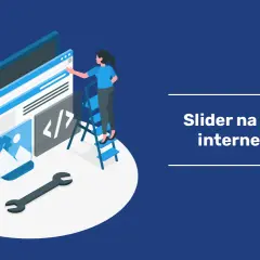 Tworzenie slidera na stronie internetowej: programistka na drabinie edytuje kod i obrazy, obok klucz.