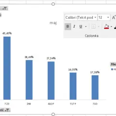 Wykresy Excel pokazujące dane z maja. Kolumny reprezentują zrealizowaną ilość dla różnych pozycji.