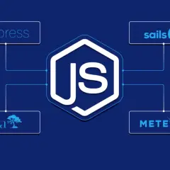 Grafika przedstawia logo JavaScript otoczone przez loga frameworków: Express, Koa, Sails i Meteor.