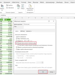 Excel: okno "Właściwości zapytania" z zaznaczoną opcją "Odśwież dane podczas otwierania pliku" dla kursu walut.