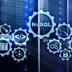 Zestaw ikon symbolizujących bazy NoSQL, w tym chmurę, klucz, kod, serwery, wyszukiwanie, globus i blokadę, na tle kodu.