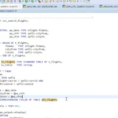 Kod ABAP SAP do wyszukiwania lotów, z parametrami daty, miasta wylotu i przylotu, zapisujący wyniki do tabeli lt_flights.