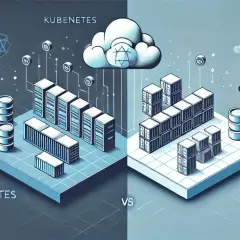 Porównanie Kubernetes vs Docker: po lewej Kubernetes z chmurą i serwerami, po prawej Docker z kontenerami i stosami dysków.