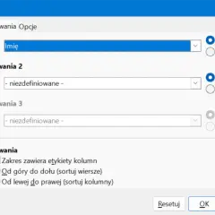 Okno sortowania. Pierwszy klucz sortowania to kolumna "Imię" rosnąco. Kolejne klucze są niezdefiniowane.