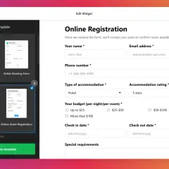 Szablon formularza HTML "Online Registration" do rezerwacji hotelu, z polami na dane osobowe, preferencje i daty pobytu.