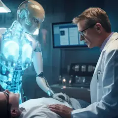 Lekarz i robot współpracują przy pacjencie. Przyszłość medycyny z AI.
