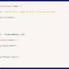 Kod yup js do walidacji adresu email. Funkcja `validateEmail` używa wyrażenia regularnego do sprawdzenia formatu.