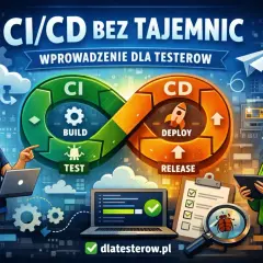 Grafika przedstawia cykl CI/CD z etapami Build, Test, Deploy i Release. W tle widać serwery i chmury, a postacie symbolizują testerów.