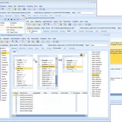 Program do SQL z widokiem tabeli "customer", "orders" i "items". Widoczne są pola danych, relacje między tabelami i podgląd graficzny.