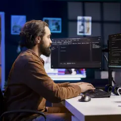 Programista z brodą pracuje nocą przy kodzie w języku wysokiego poziomu.
