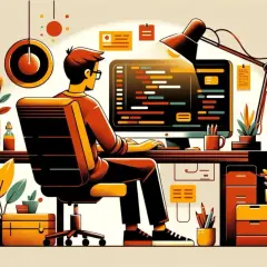 Programista pracuje przy komputerze, pisząc kod. Na ekranie widać fragmenty kodu, które przypominają proces **sql merge**.