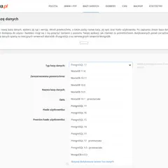 Formularz dodawania bazy danych z polami wyboru typu bazy danych, nazwy, opisu i hasła.