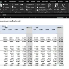 Arkusz kalkulacyjny Excel z tabelą przestawną P&L. Widoczna jest opcja "jak zablokować kolumnę w excelu" w menu.