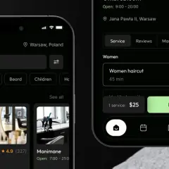 Aplikacja do rezerwacji usług fryzjerskich, stworzona w Swift UI. Widok listy usług dla kobiet, z opcją "Women haircut" za 25$.