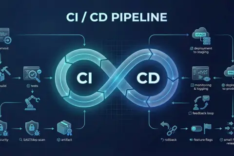 Schemat CI/CD: od commitu, przez build i testy, po wdrożenie na produkcję. Ciągłe integracje i dostarczanie – tak działa nowoczesny rozwój oprogramowania.