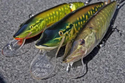 Trzy realistyczne przynęty wędkarskie Salmo Poland Floating, imitujące ryby. To właśnie takie przynęty, czyli baiting, kuszą drapieżniki.