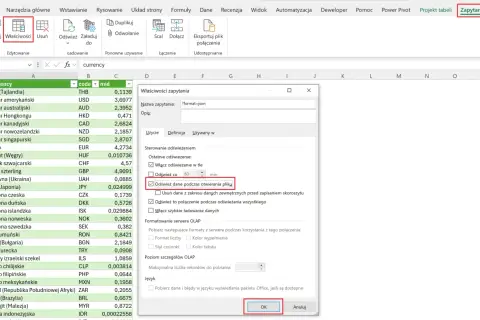 Excel: okno "Właściwości zapytania" z zaznaczoną opcją "Odśwież dane podczas otwierania pliku" dla kursu walut.