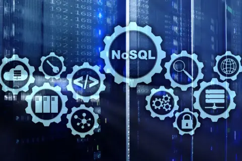 Zestaw ikon symbolizujących bazy NoSQL, w tym chmurę, klucz, kod, serwery, wyszukiwanie, globus i blokadę, na tle kodu.