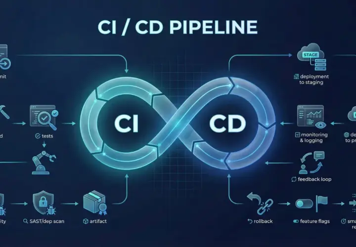 Schemat CI/CD: od commitu, przez build i testy, po wdrożenie na produkcję. Ciągłe integracje i dostarczanie – tak działa nowoczesny rozwój oprogramowania.