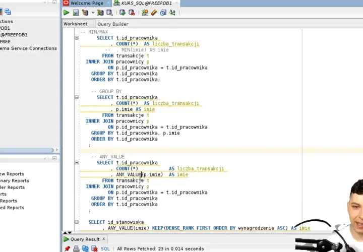 Fragment kodu SQL, który wyjaśnia zapytania do bazy danych, z widocznym interfejsem programu do zarządzania bazami danych.