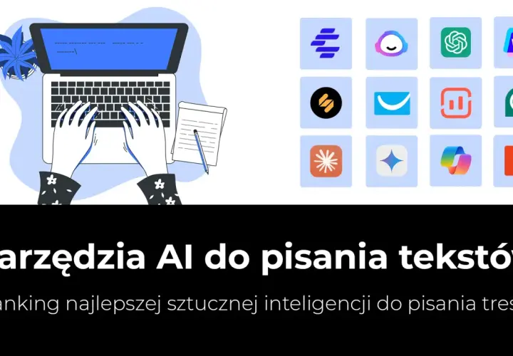 Ręce piszą na laptopie, obok notatnik. W tle ikony aplikacji, sugerujące narzędzia AI do pisania tekstów.