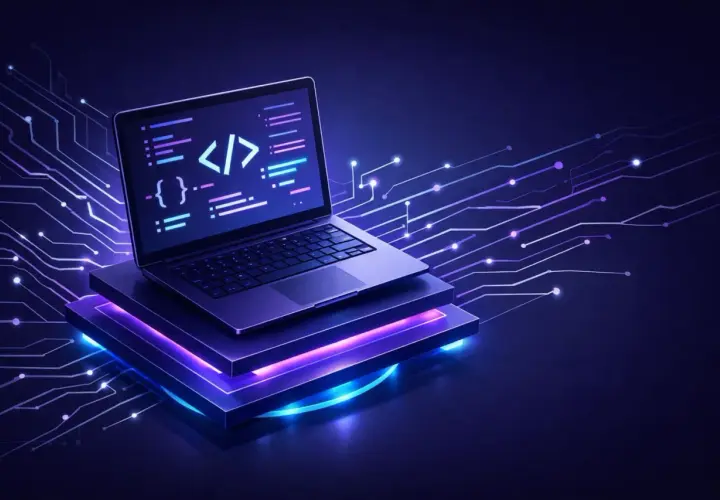 Laptop z kodem na ekranie, na tle cyfrowych obwodów. Symbolizuje backend as a service, ułatwiający tworzenie aplikacji.