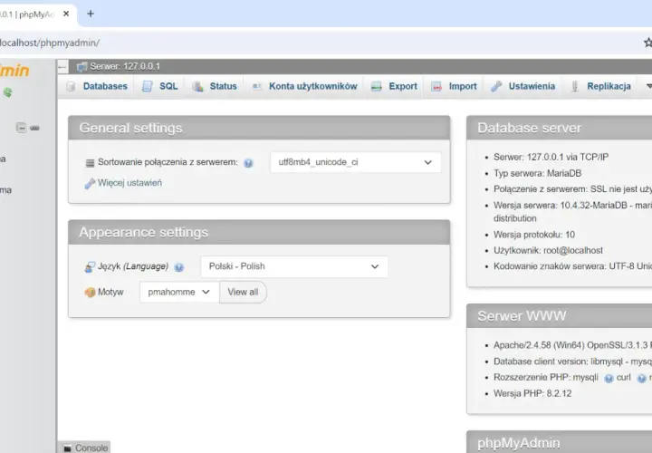 Interfejs phpMyAdmin, pokazujący ustawienia ogólne i serwera. Widzimy tu m.in. wersję serwera MariaDB i Apache.