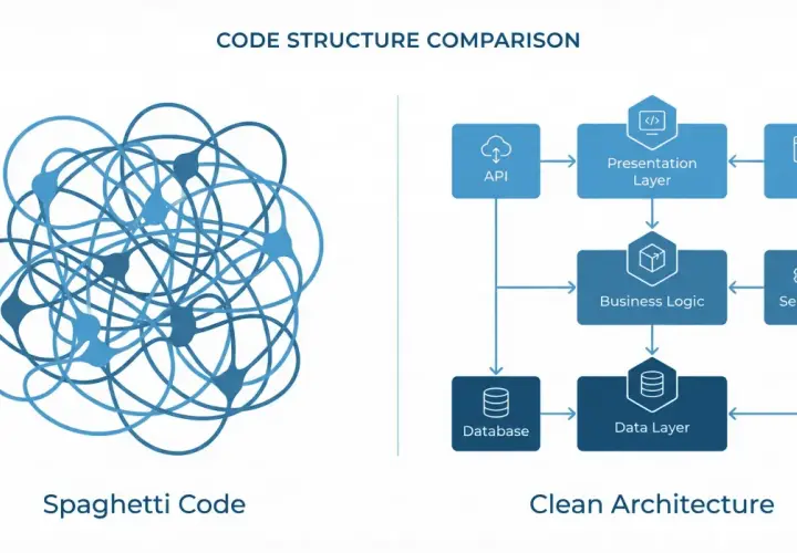 Porównanie struktury kodu: spaghetti code (nieuporządkowane połączenia) kontra czysta architektura (warstwy: API, prezentacji, logiki biznesowej, danych, UI, usług).