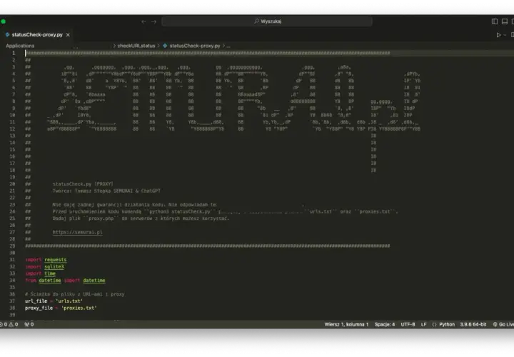 Kod Pythona z komentarzami, importami i ścieżkami do plików `urls.txt` i `proxies.txt`. Pokazuje luźne powiązanie między modułami.