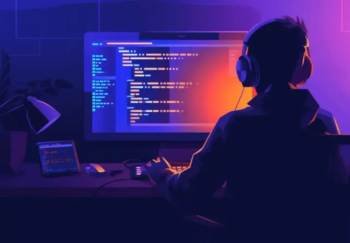 Programista w słuchawkach tworzy kod w **bun js** przy neonowym blasku monitora.