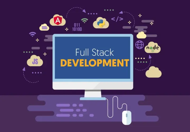 Grafika ilustruje, czym jest full stack developer, pokazując ikony technologii jak JS, Python, Node.js i Angular.