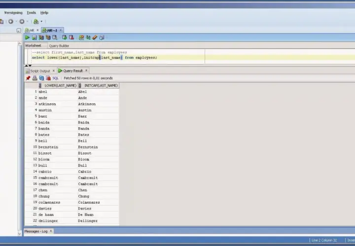 Widok Oracle SQL Developer z zapytaniem SQL pobierającym nazwiska pracowników.