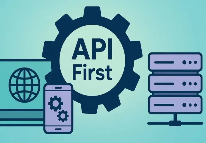 Grafika przedstawia koncepcję API First: laptop z globusem, smartfon z ikonami ustawień i serwerownię, wszystko połączone z centralną zębatką z napisem "API First".