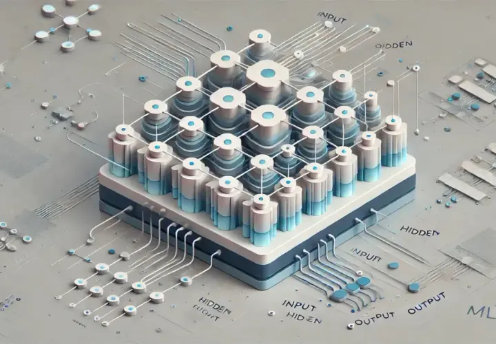 Abstrakcyjny model sieci neuronowej, przypominający architekturę perceptronu wielowarstwowego.