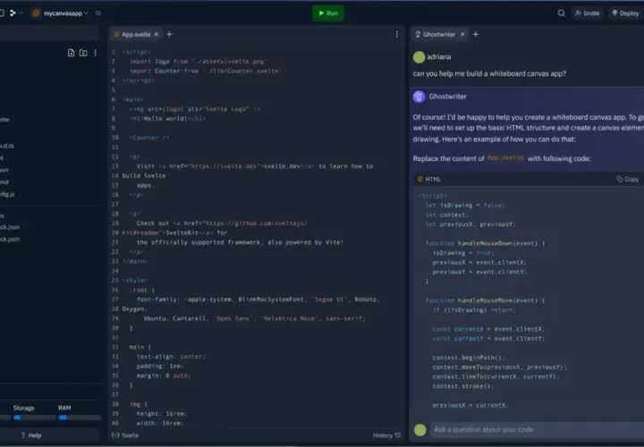 Edytor kodu Svelte z podświetlonym kodem JavaScript i podpowiedzią AI do tworzenia aplikacji.