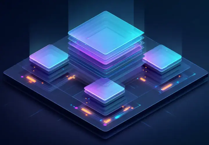 Abstrakcyjna wizualizacja serwerów, symbolizująca skalowalność i wydajność dzięki technologii postgresql sharding.