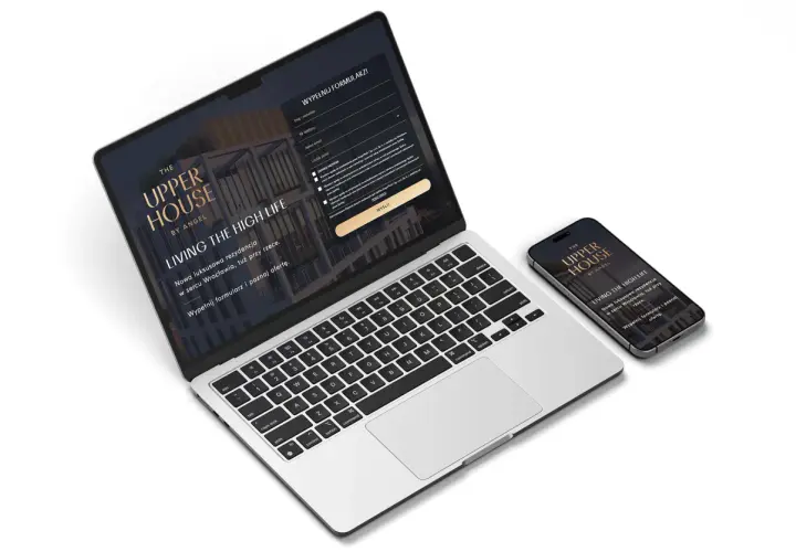 Laptop i smartfon prezentują landing page "The Upper House". Formularz zaprasza do wypełnienia, by poznać ofertę luksusowej rezydencji.
